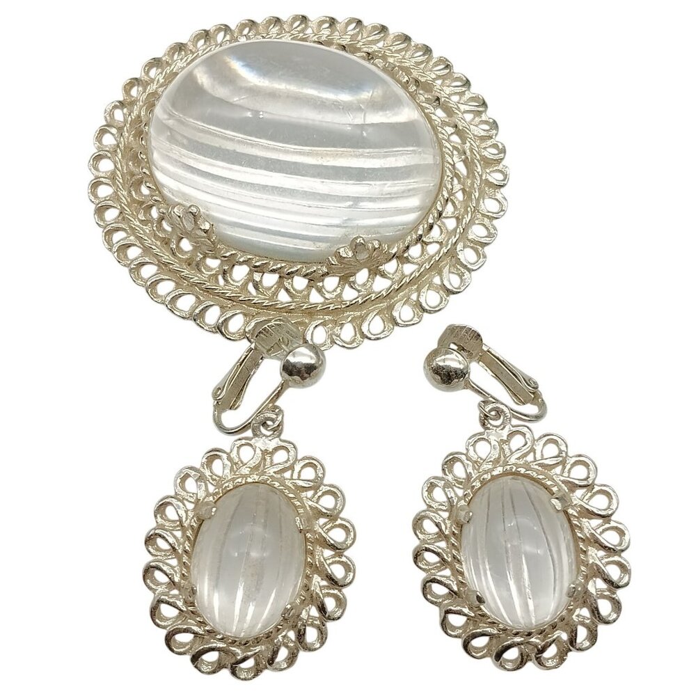 Vintage Celebrity Silver-Tone Filigree Jelly Belly Brooch & Clip-On Earrings wit